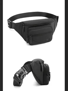 Vue détaillée du sac banane noir en nylon avec plusieurs fermetures éclair et sangle réglable