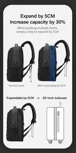 Detalle de mochila de negocios con expansión de 5 cm y capacidad extra del 30%