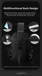 Detail of breathable honeycomb mesh strap, reflective strip, and glasses hook on chest bag