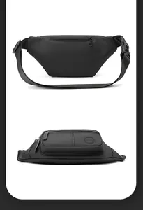 Detail view of durable black nylon waist bag featuring dual zipper pockets and buckle
