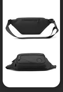 Détail du sac de poitrine en nylon noir montrant la poche avant et le compartiment antivol