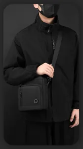 Close-up of waterproof black messenger bag with large front zipper pocket and strap