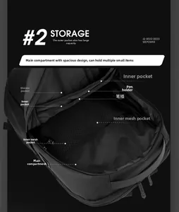 Detailed view of internal compartments of black waterproof laptop backpack with multi-storage pockets