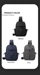 Waterproof casual chest bags displayed in black, deep blue, and grey color options