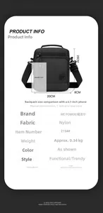 Detailed size chart showing 20x25x8cm dimensions for the waterproof nylon messenger bag