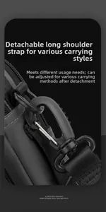Detail of detachable shoulder strap hook and buckle on durable black waterproof crossbody bag