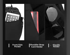 Detail view of laptop backpack showing front pocket, strap card slot and glasses loop