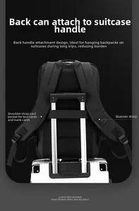 Detail of waterproof business backpack with luggage strap and shoulder strap card slot
