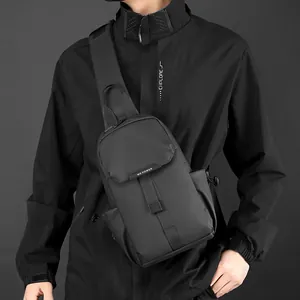 Black waterproof nylon men's crossbody chest bag with WE POWER logo for outdoor sports