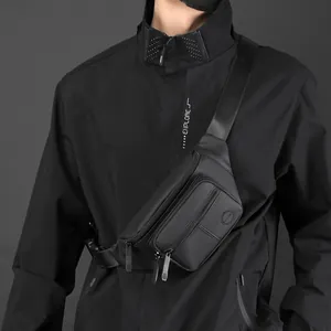 Men's black tactical crossbody chest bag with multiple zippers for outdoor travel