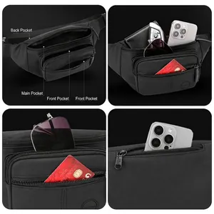 Waterproof black nylon waist bag for men with multiple zipper pockets and adjustable strap