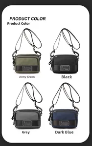 Nylon crossbody bags in army green, black, grey, and blue colors showing adjustable straps