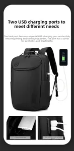 Detail of waterproof business backpack featuring external USB charging port and cable