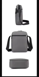 Detailed side and back views of gray nylon crossbody bag with adjustable black strap
