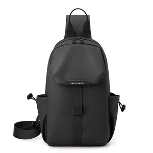 Black minimalist men's sports chest bag in waterproof nylon with adjustable strap