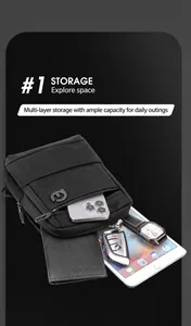 Detail of multi-layer storage compartments in a black waterproof nylon crossbody bag