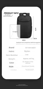Detailed chart showing 46x30x20cm size and waterproof nylon fabric of the business backpack