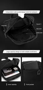 Close-up of black crossbody bag interior showing pen slots and multiple compartments
