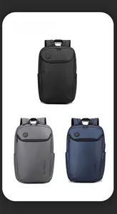 Front view detail of waterproof business backpacks in black, grey, and dark blue colors
