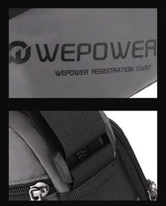 Detail of grey ripstop fabric and high-density nylon strap with logo on crossbody bag
