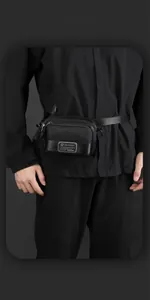 Detail of durable black nylon crossbody bag with WEPOWER logo and zipper pocket