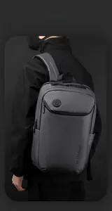 Close-up of waterproof grey business backpack with ergonomic straps and side pocket