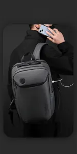 Detail view of water-resistant business backpack with integrated external USB charging port