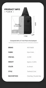 Detailed sizing chart and material specs for the black nylon techwear chest bag
