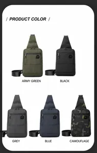 Waterproof sling bags for men shown in army green, black, grey, blue, and camouflage