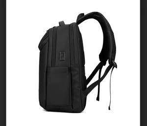 Side view of black business backpack showing multi-layer zippers and side pocket details