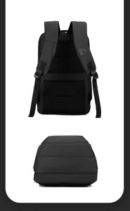 Detail view of the breathable mesh back panel and padded straps on this black backpack