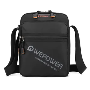 Minimalist black waterproof nylon crossbody bag with WEPOWER logo and adjustable strap