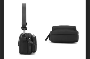 Dual view of black nylon crossbody bag featuring double zippers and adjustable strap