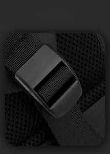 Detail of adjustable plastic buckle and nylon strap with breathable honeycomb mesh padding