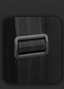 Detail of adjustable strap buckle and durable woven webbing on the black chest bag