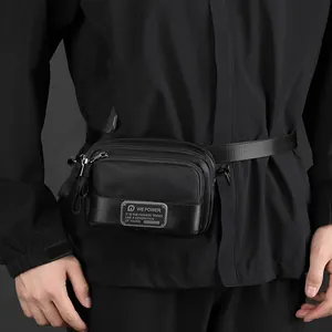 Lightweight black nylon crossbody waist bag for men featuring dual zipper pockets