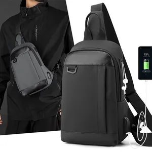 Herren Wasserdicht Brusttasche Nylon Umhängetasche Mit USB Ladeanschluss Kohlefaser Textur Sling Rucksack Für Reise Radfahren