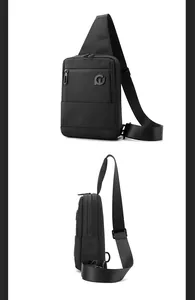 Vue détaillée du sac de poitrine noir en nylon à grande capacité avec double fermeture éclair