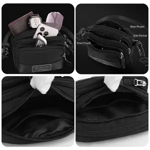Black waterproof men's crossbody bag with three zipper compartments for daily storage