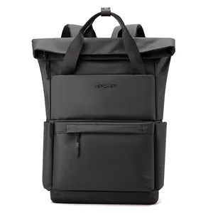 Sac à dos enroulable noir pour voyage et ordinateur avec un tissu imperméable durable