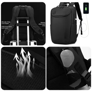 Waterproof black business backpack for men with USB port and luggage strap details