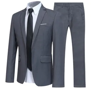 Slim fit two-piece men's formal suit in grey with notch lapel and matching trousers