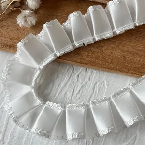 Elegant white pleated satin ribbon lace trim for DIY crafts and clothing decoration