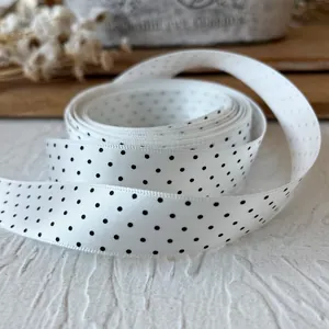 Ruban de satin blanc à pois noirs pour nœuds de cheveux DIY et loisirs créatifs