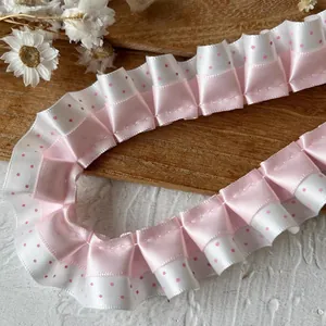 Double-layered polka dot ruffle lace ribbon with pink and white satin for DIY crafts