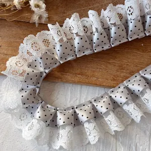 Polka dot satin and white lace pleated trim for elegant DIY sewing and dress making