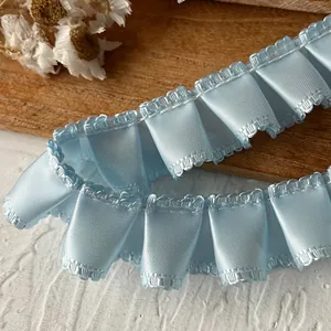 Sky blue pleated ribbon trim with silk sheen for DIY clothing decoration