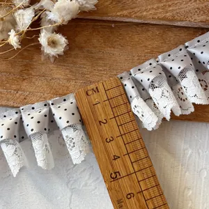 Double-layered 5cm grey polka dot satin and white lace ribbon trim for DIY sewing crafts