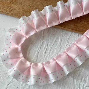 Double-layer pleated lace ribbon with pink polka dots for DIY hair accessories