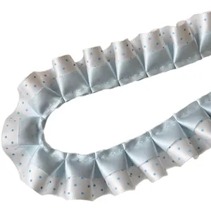 Double-layered blue and white polka dot pleated lace ribbon for DIY crafts and accessories